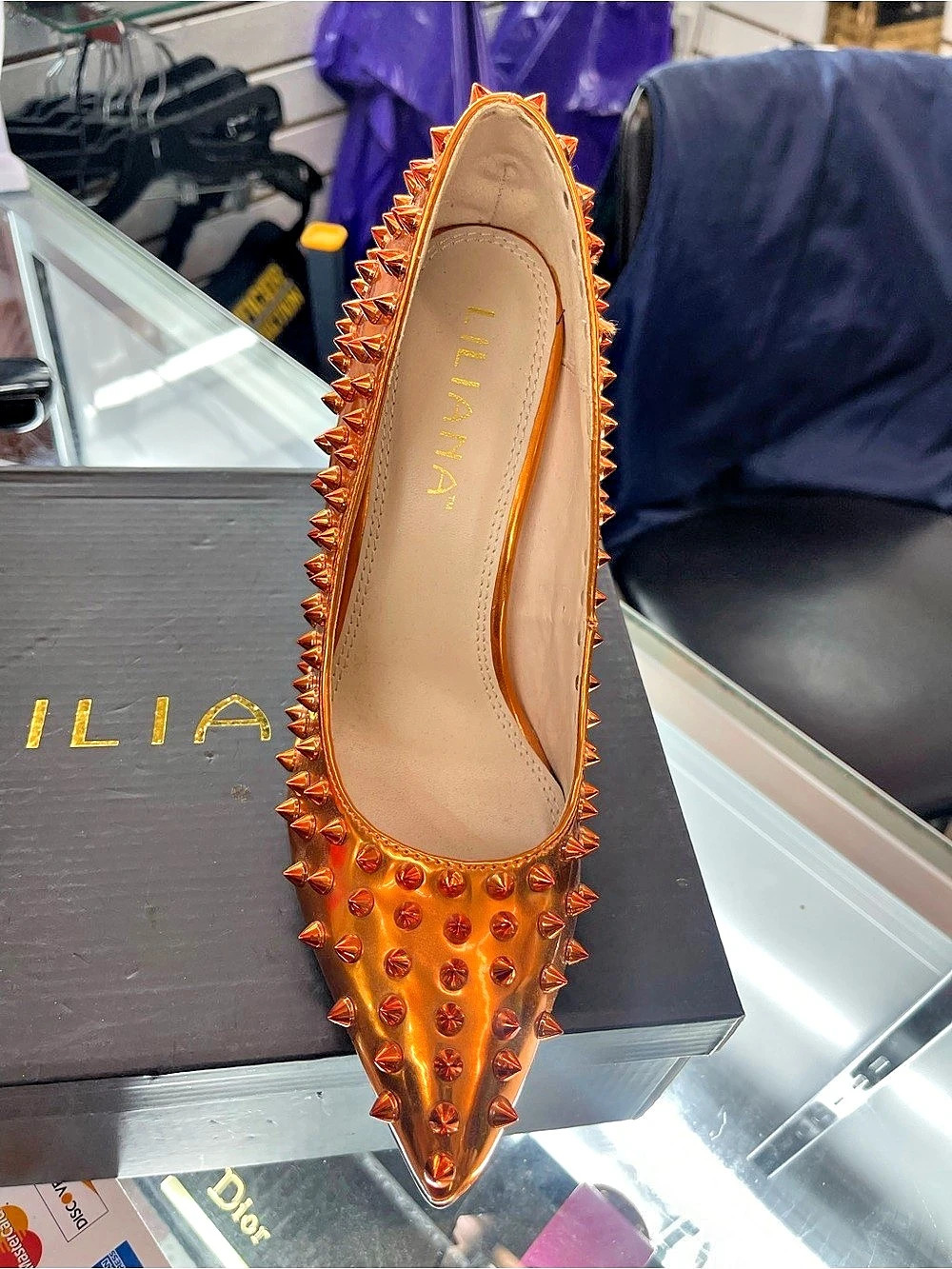 LILIAN Spiked Pointed-Toe Heels in Orange Like New